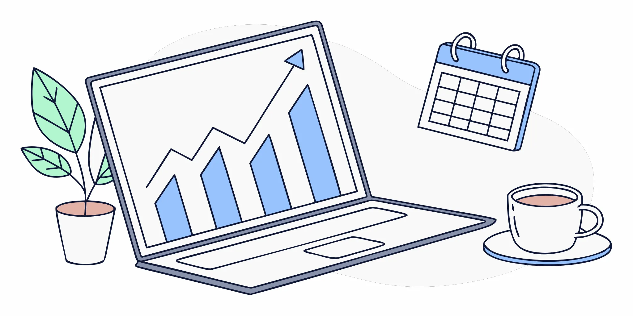Laptop showing a graph and calendar to plan how to warm up a new email account.