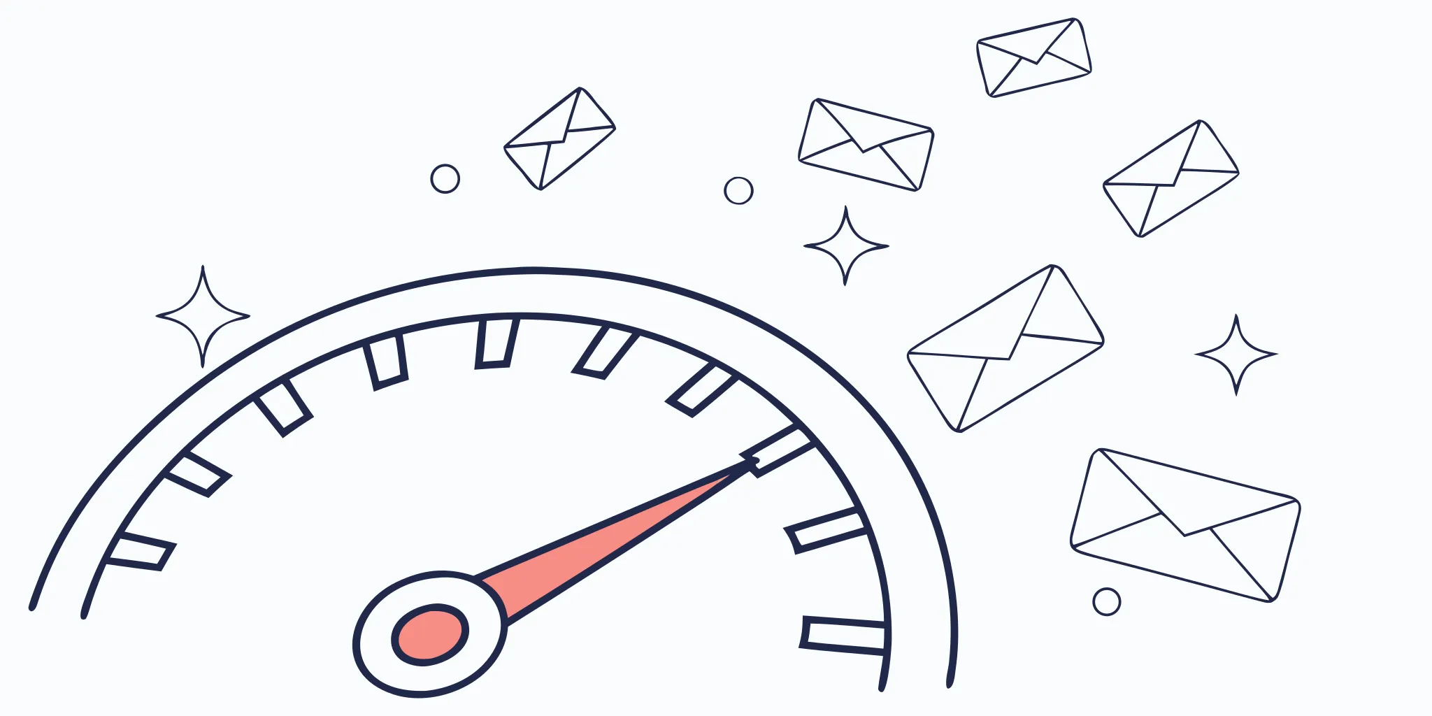 A speedometer with a rising needle representing a cold email account warm up service.