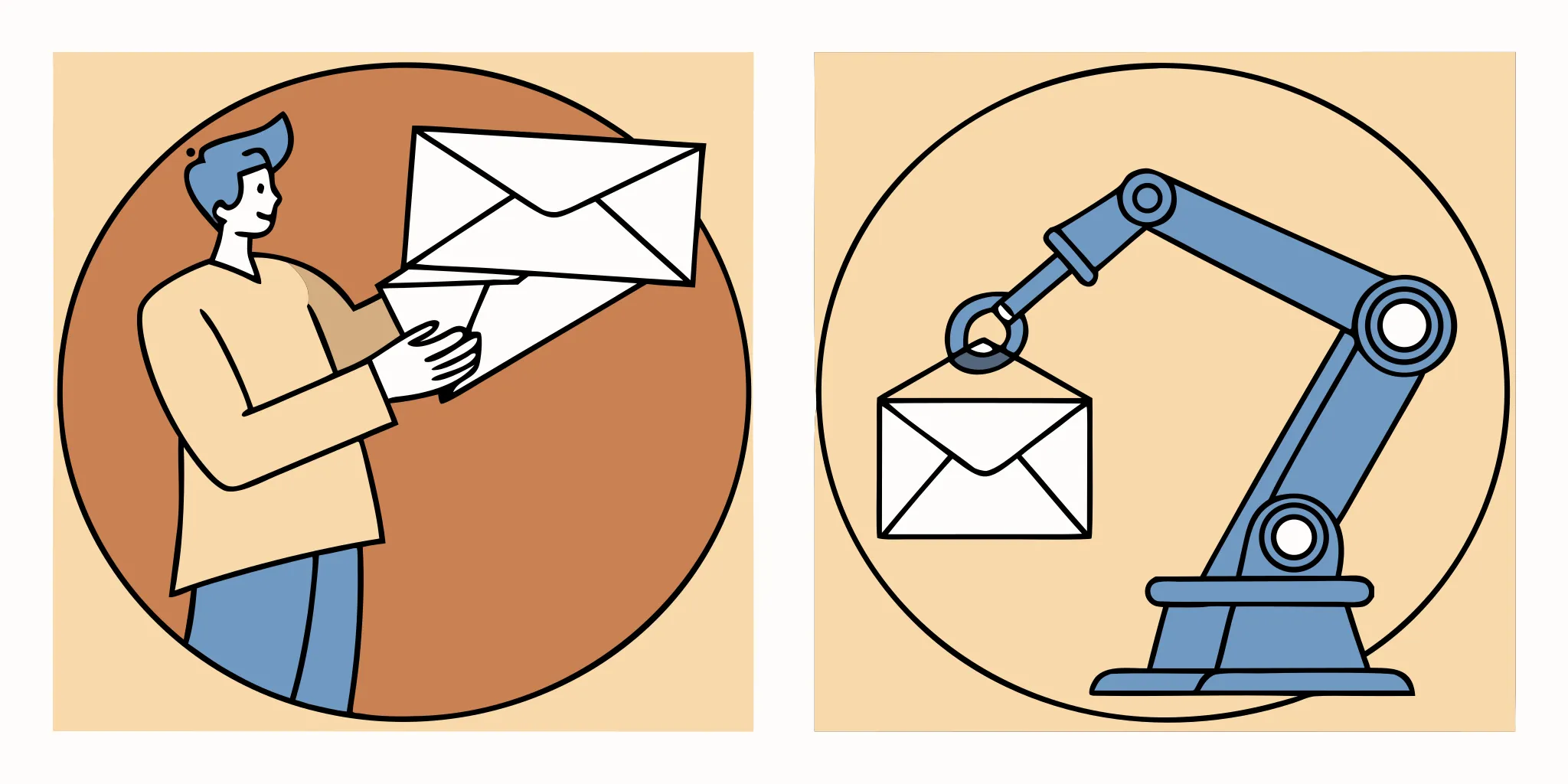 A person representing manual email warm up vs a robot arm for automated email warm up.