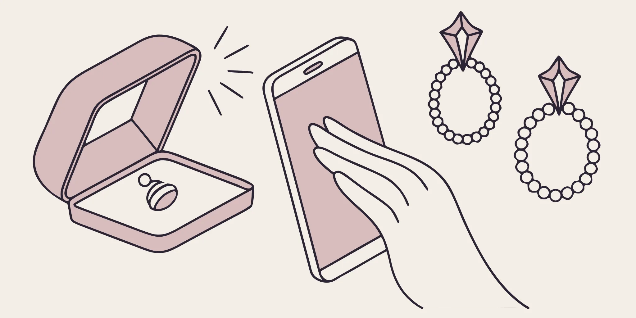 Hand holding a smartphone for jewelry email marketing, next to a box of earrings.