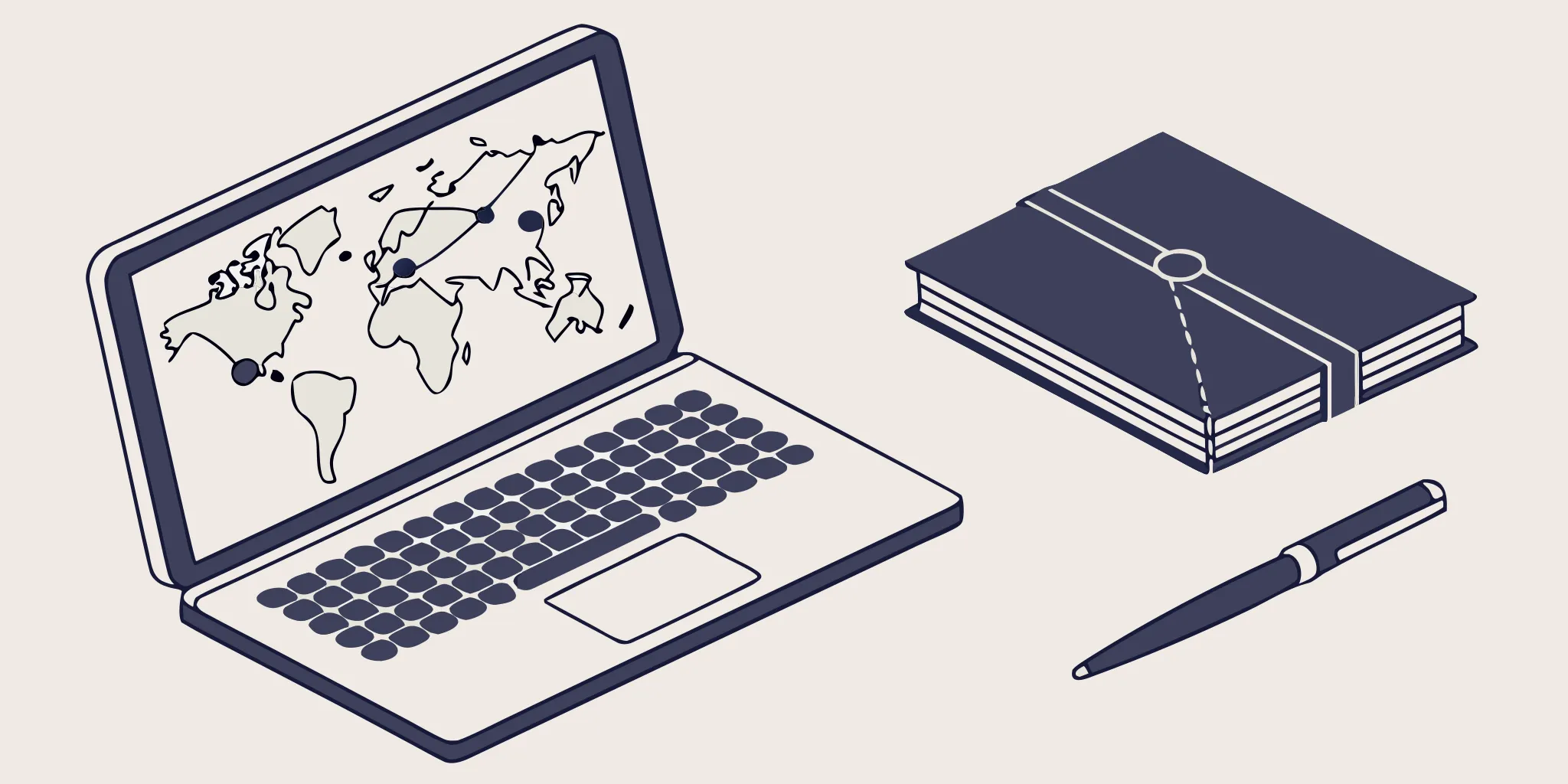 Laptop with a world map used to research and buy domains for cold outreach.