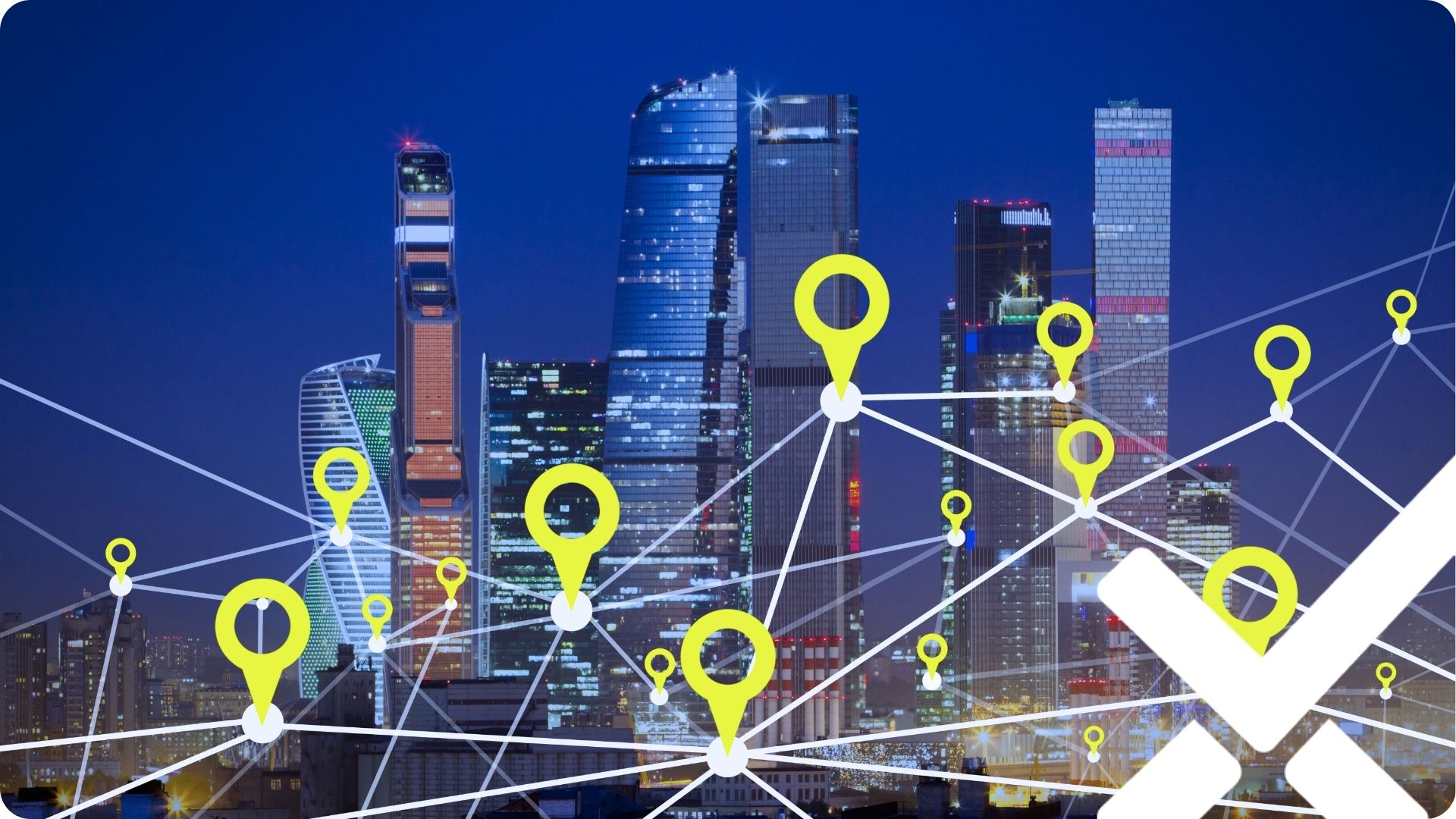 Digital network visualization overlaying a modern cityscape, representing centralized data connectivity and tracking across multiple sites.