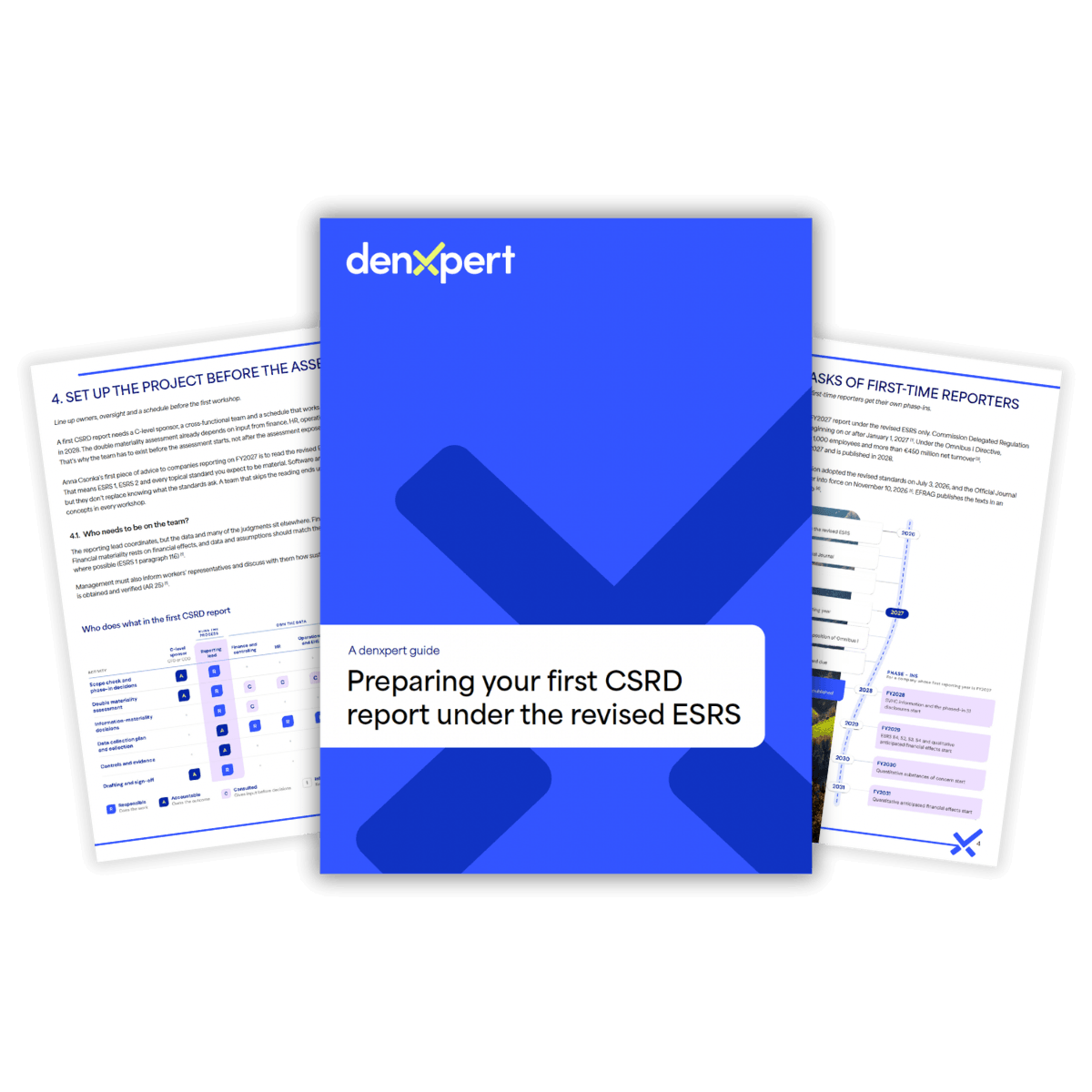 Cover of denxpert’s guide Preparing your first CSRD report under the revised ESRS, a step-by-step method for FY2027