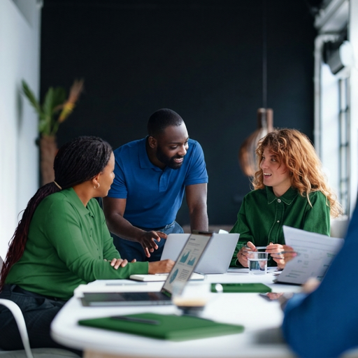 Three coworkers discussing work around a table with laptops and documents in a modern office.