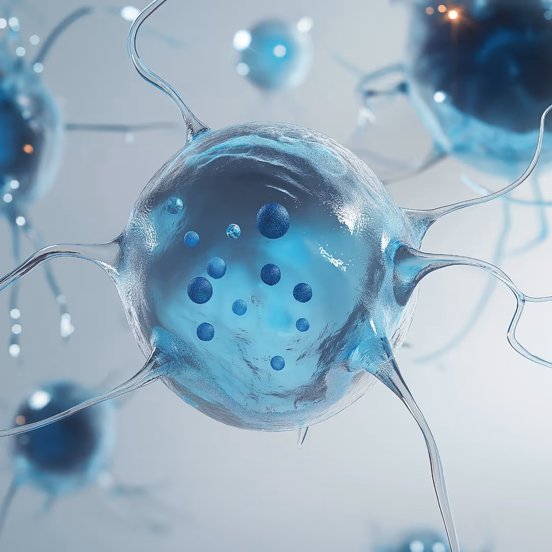 Blue neuron or cell with tentacle-like projections and internal spherical dots