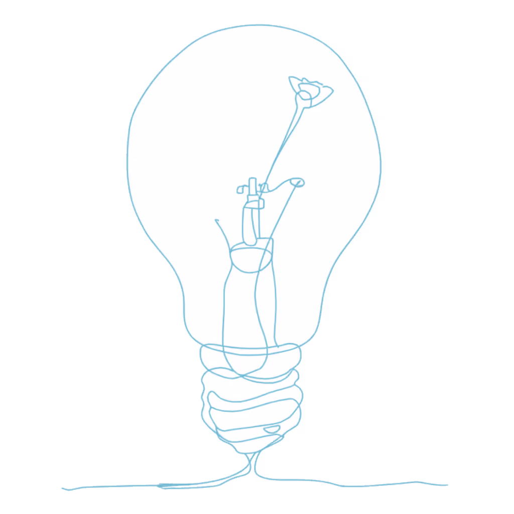 Light bulb outline drawn in a continuous line style with an internal filament shaped like a flower.