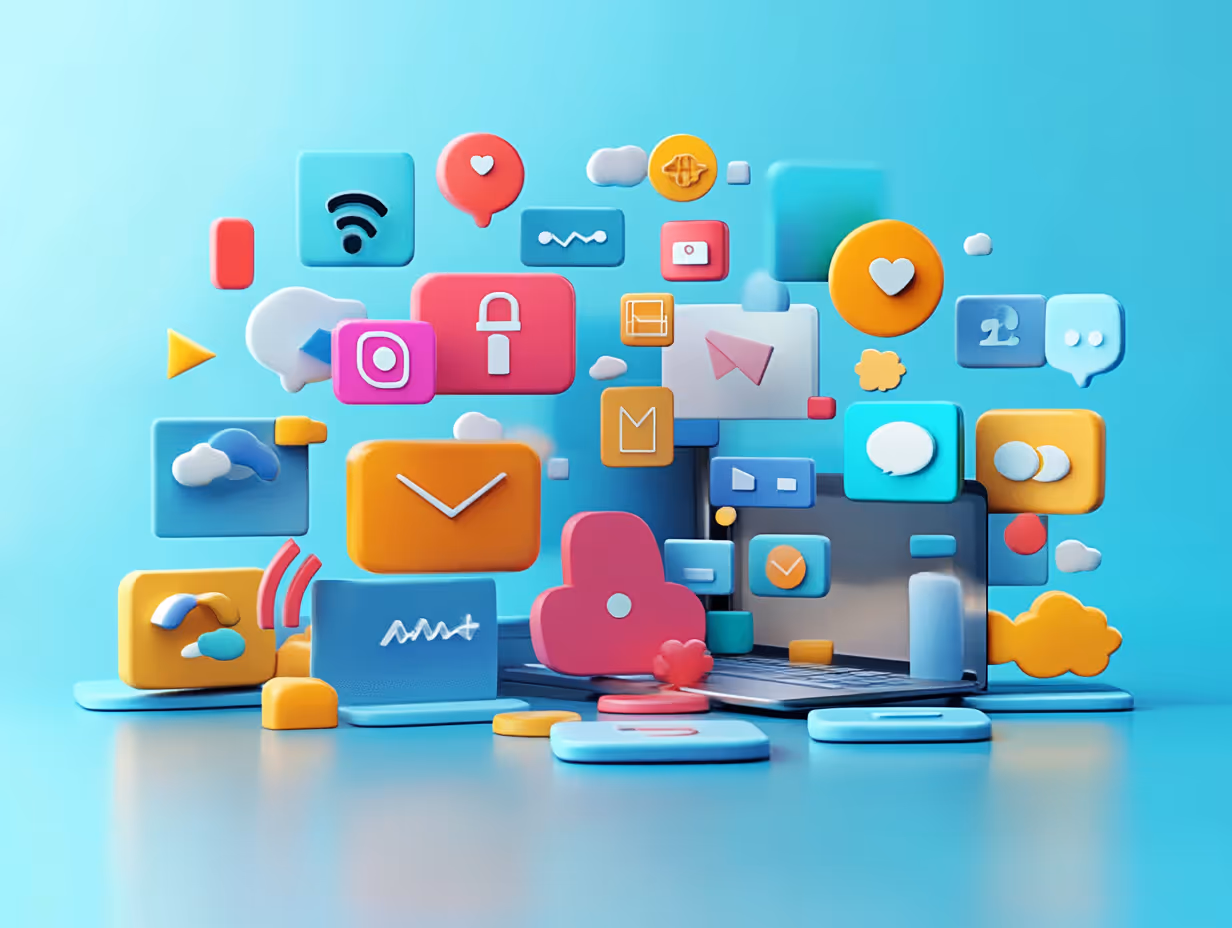 A computer and icons floating in the airDescription automatically generated