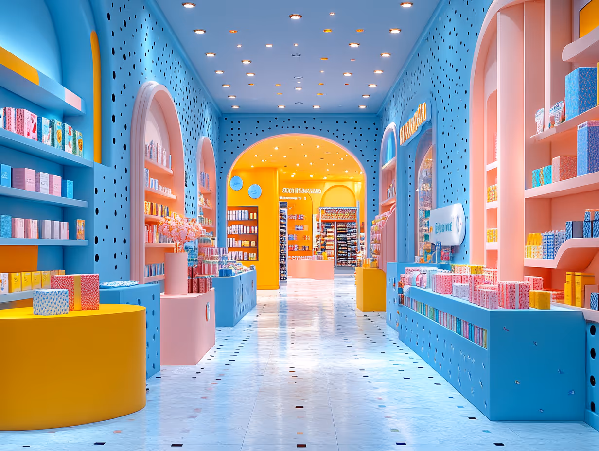 A store with colorful shelves and shelvesDescription automatically generated