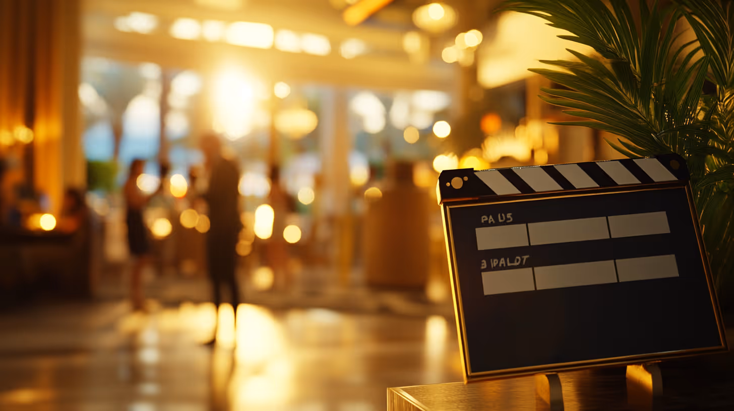 A close-up of a movie clapper boardDescription automatically generated