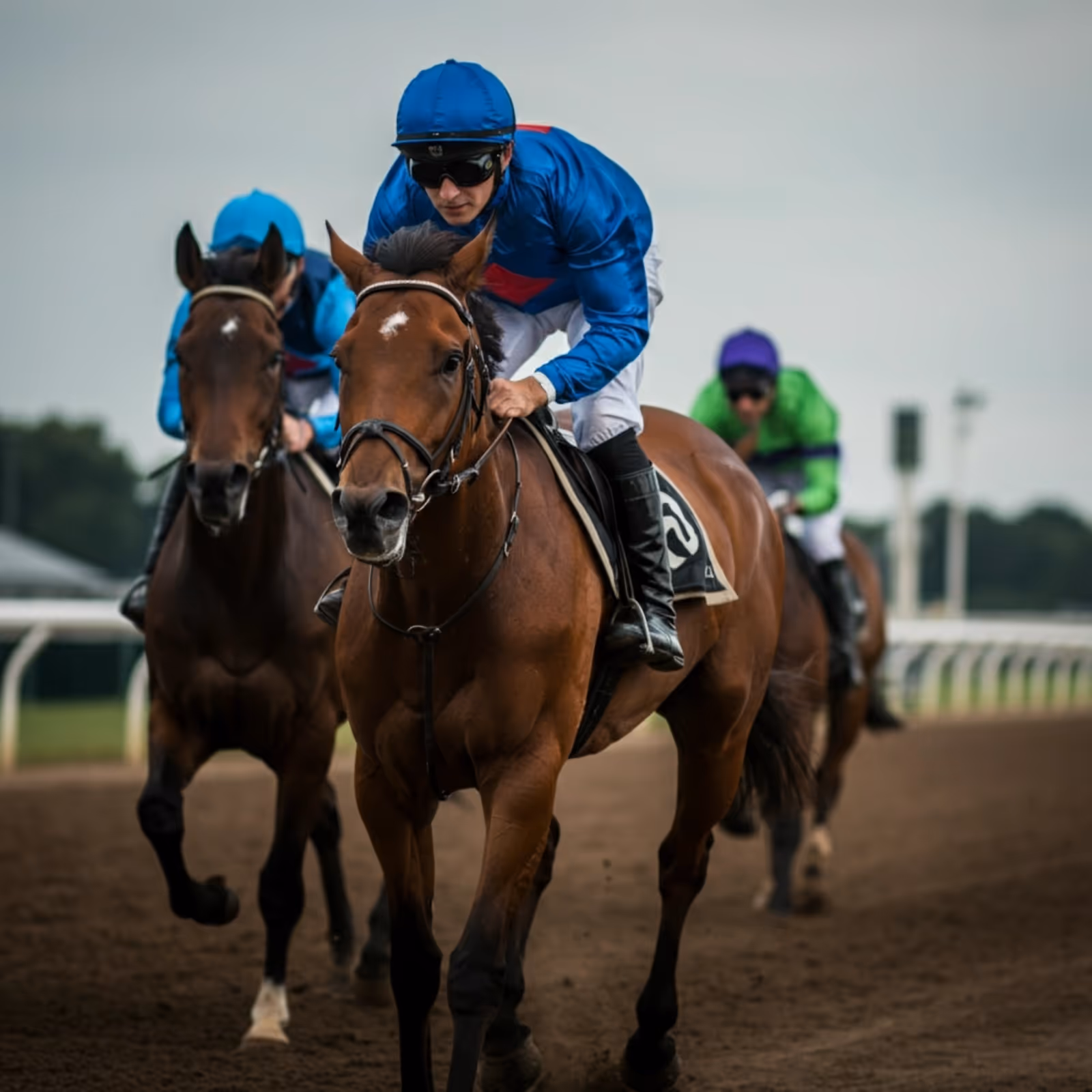 A group of jockeys riding horsesDescription automatically generated