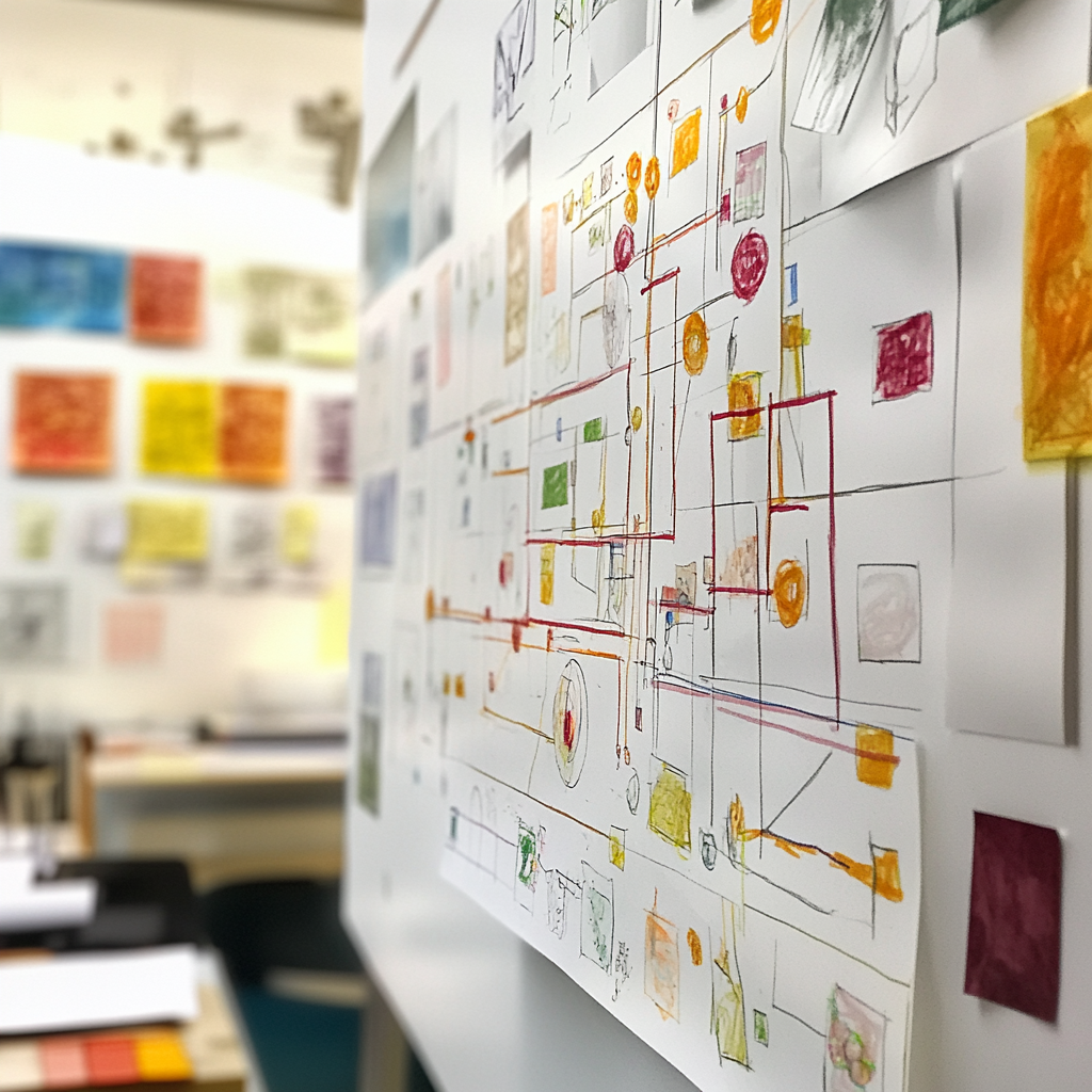 A white board with drawings on itDescription automatically generated