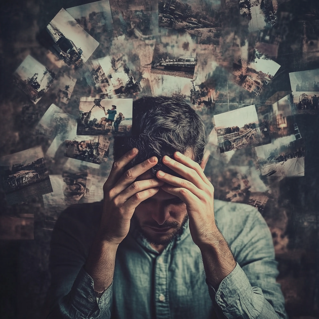 A person with his hands on his headDescription automatically generated