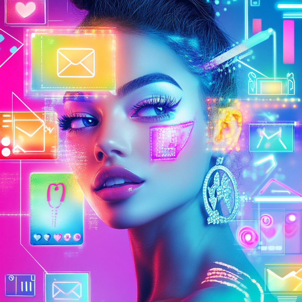 A person with bright makeup and colorful iconsDescription automatically generated with medium confidence