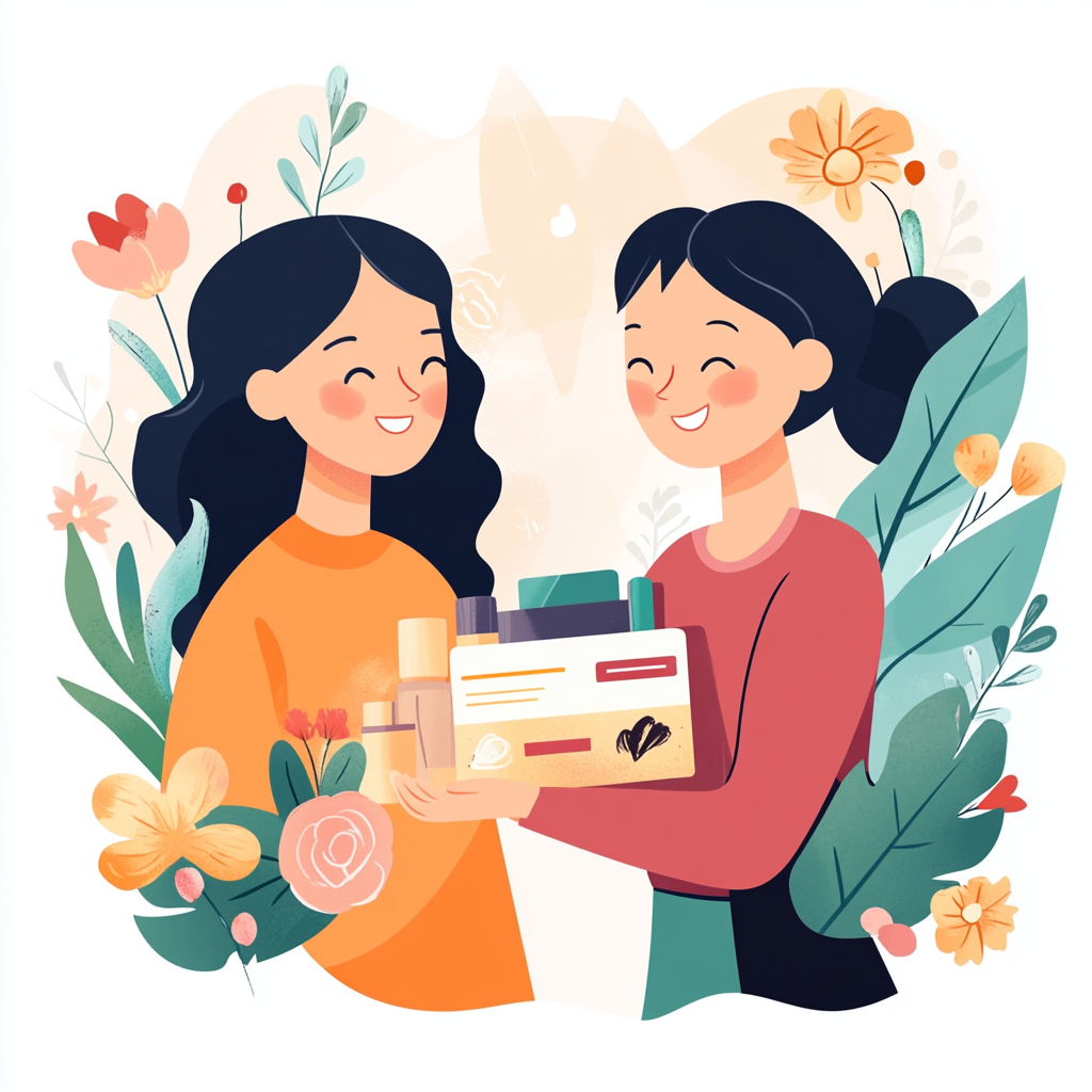 A cartoon of two women holding a boxDescription automatically generated