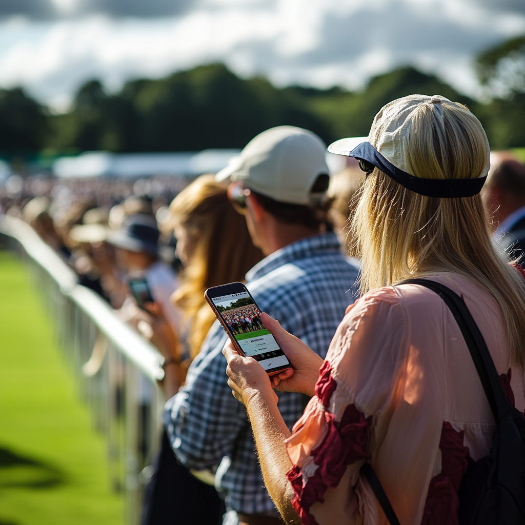 A person holding a phone in front of a crowdDescription automatically generated