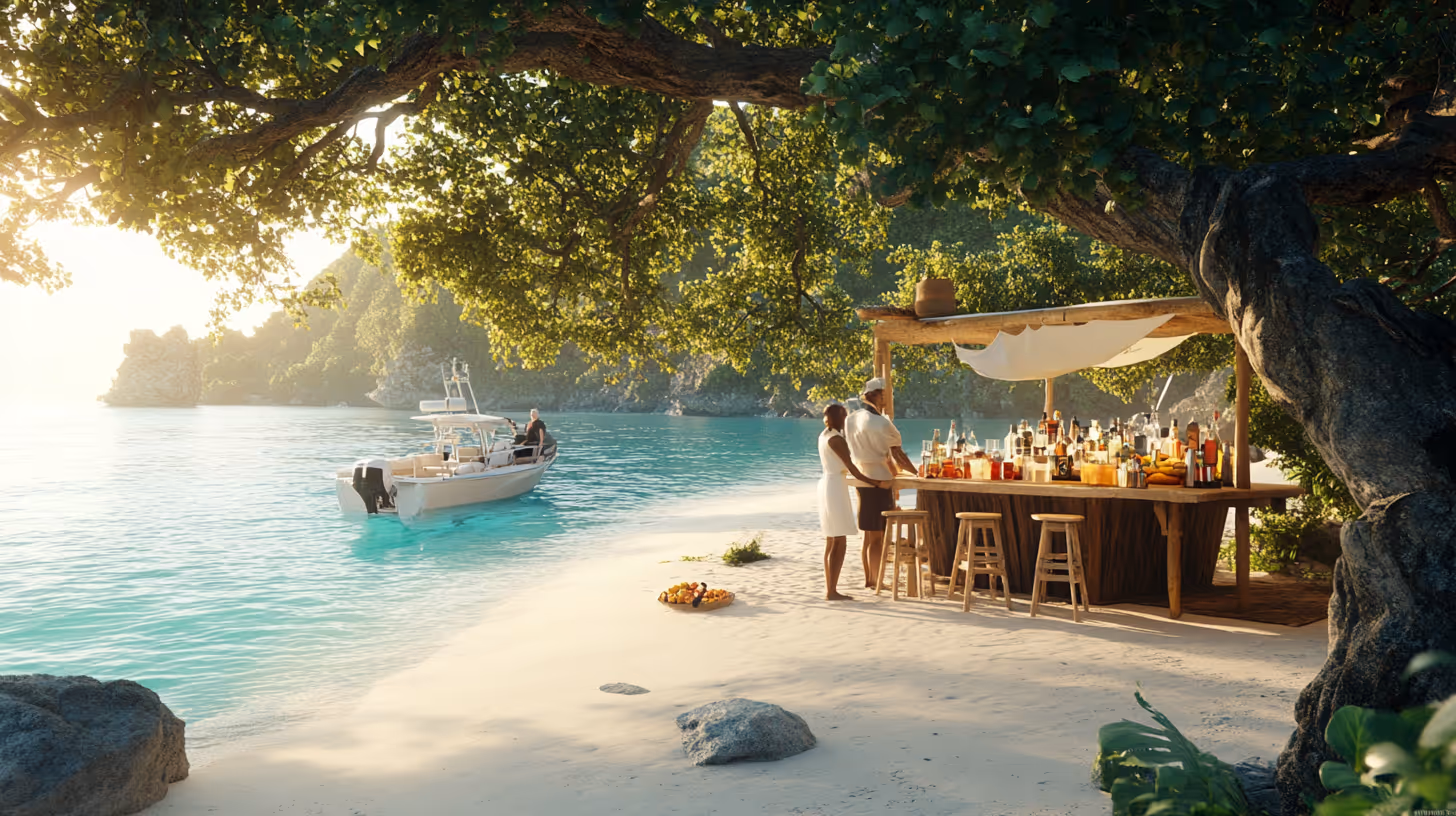 A person and person standing at a bar on a beachDescription automatically generated
