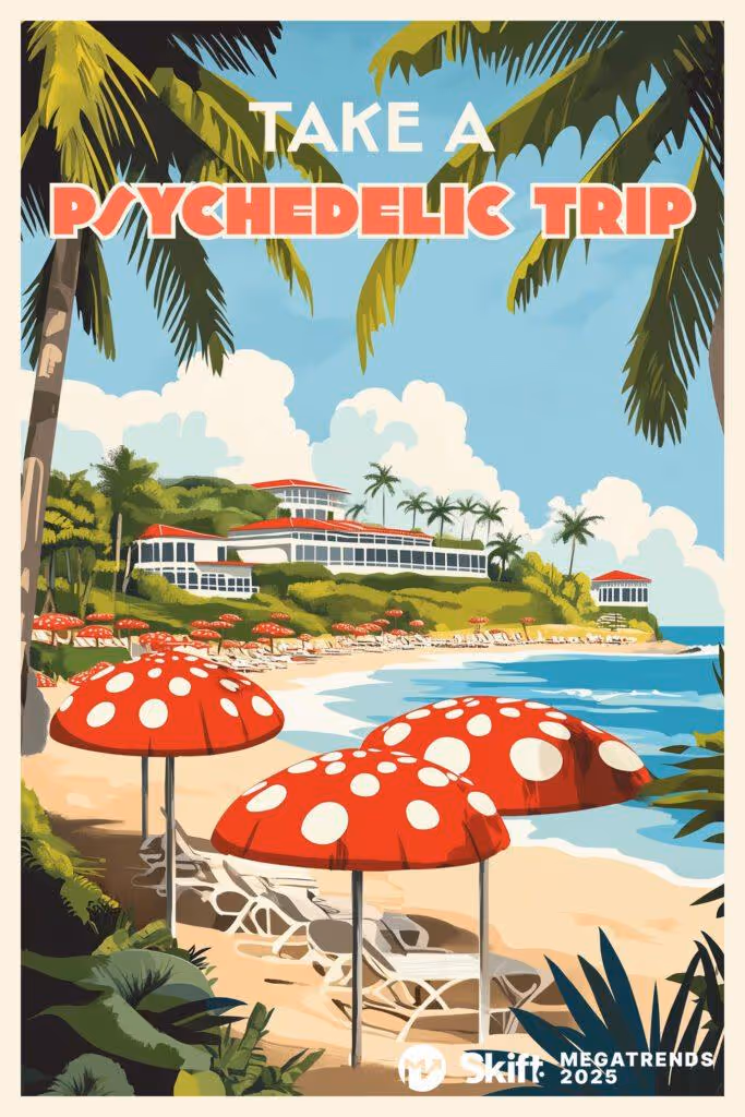A poster of a beach with red umbrellas and palm treesDescription automatically generated