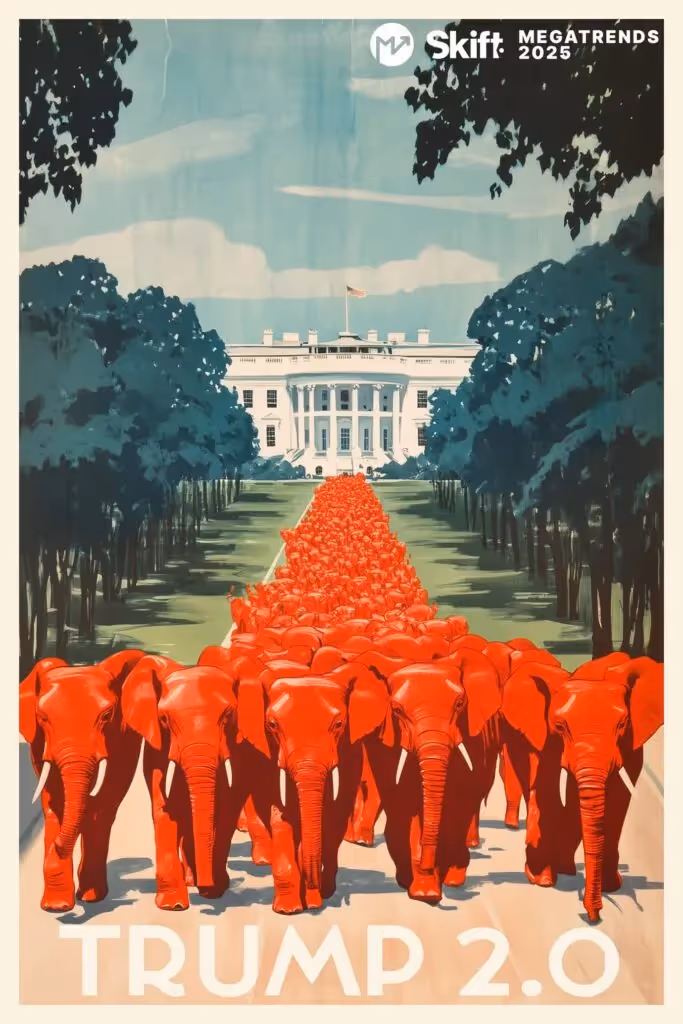 A poster of elephants walking in front of a white houseDescription automatically generated