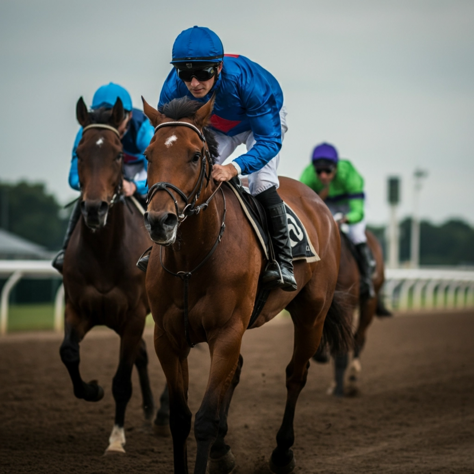 A group of jockeys riding horsesDescription automatically generated