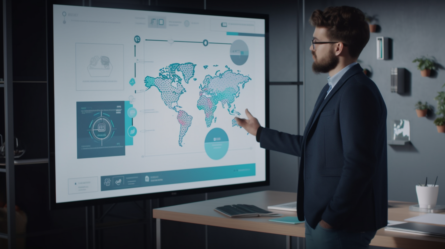 A person pointing at a large screenDescription automatically generated