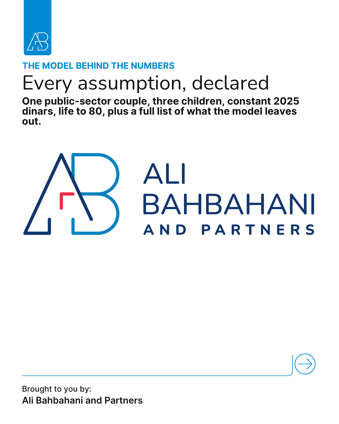 Ali Bahbahani and Partners logo with the declared assumptions and sources behind the Kuwait lifetime cost model
