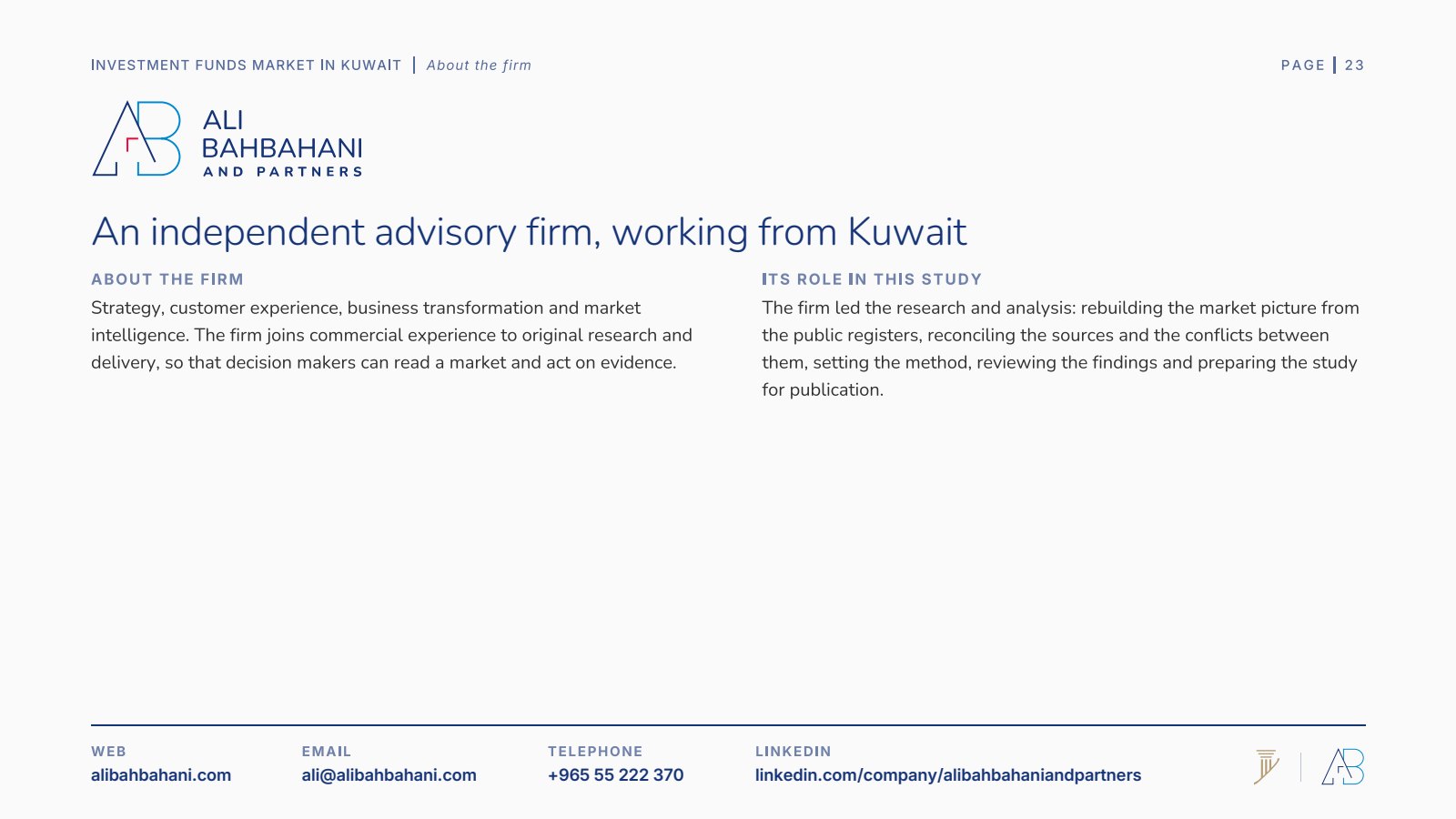 About Ali Bahbahani and Partners and its role in the study