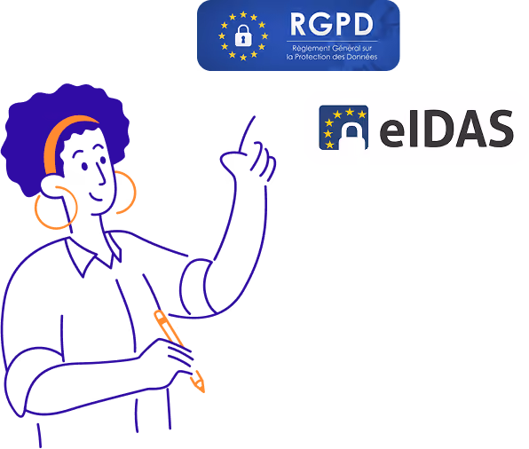 Une femme montrant les logos RGPD et eIDAS