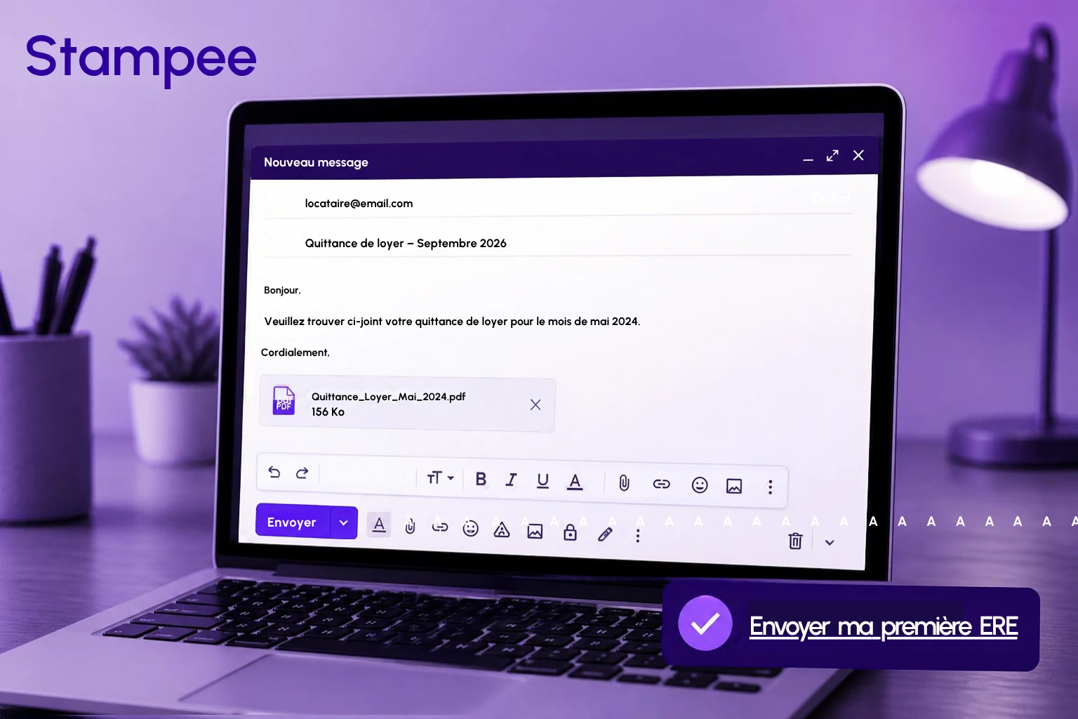 Un particulier qui rédige un courriel (lettre électronique simple) depuis l'interfae stampee pour ses quittances de loyer