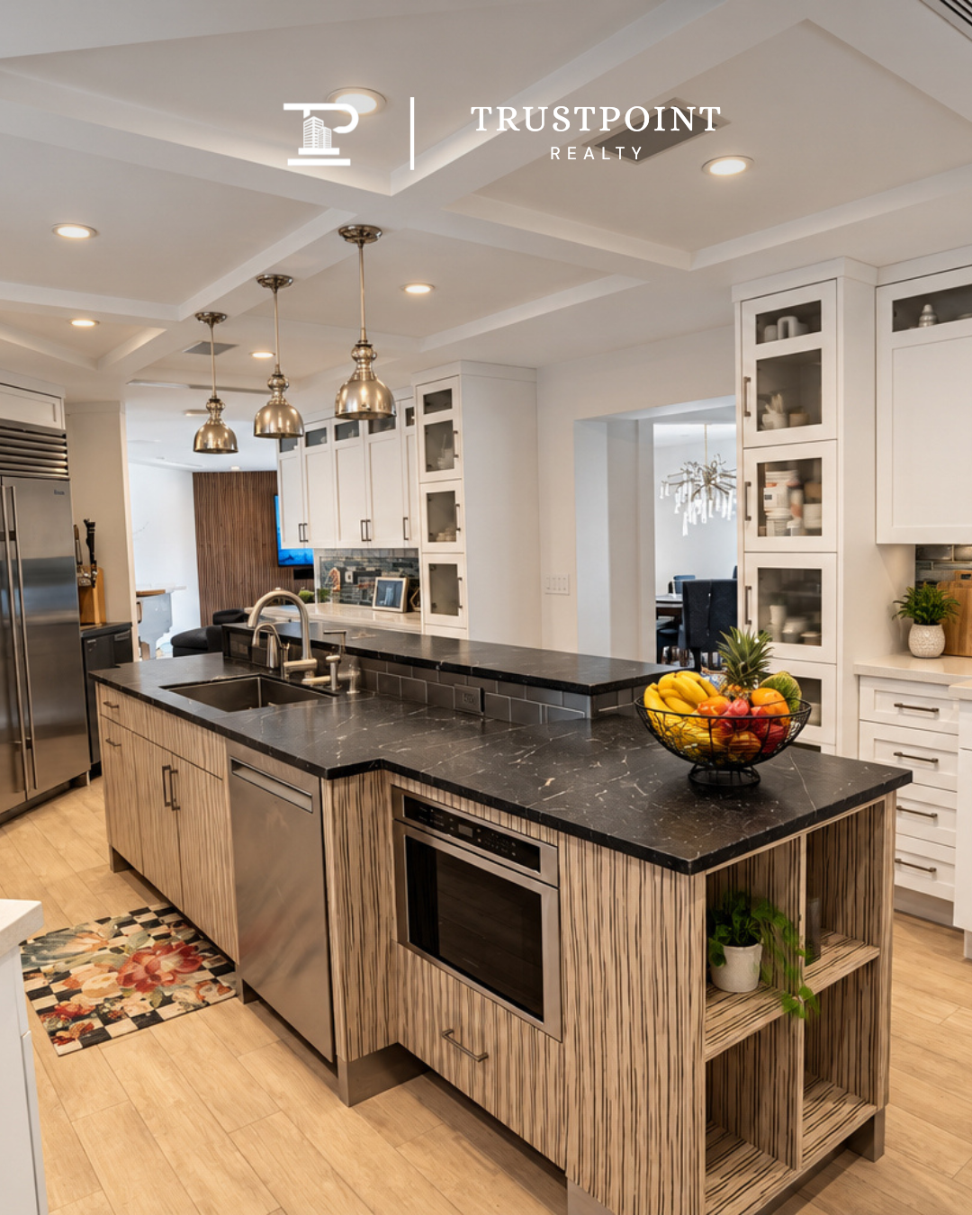 Kitchen with island and stone counters