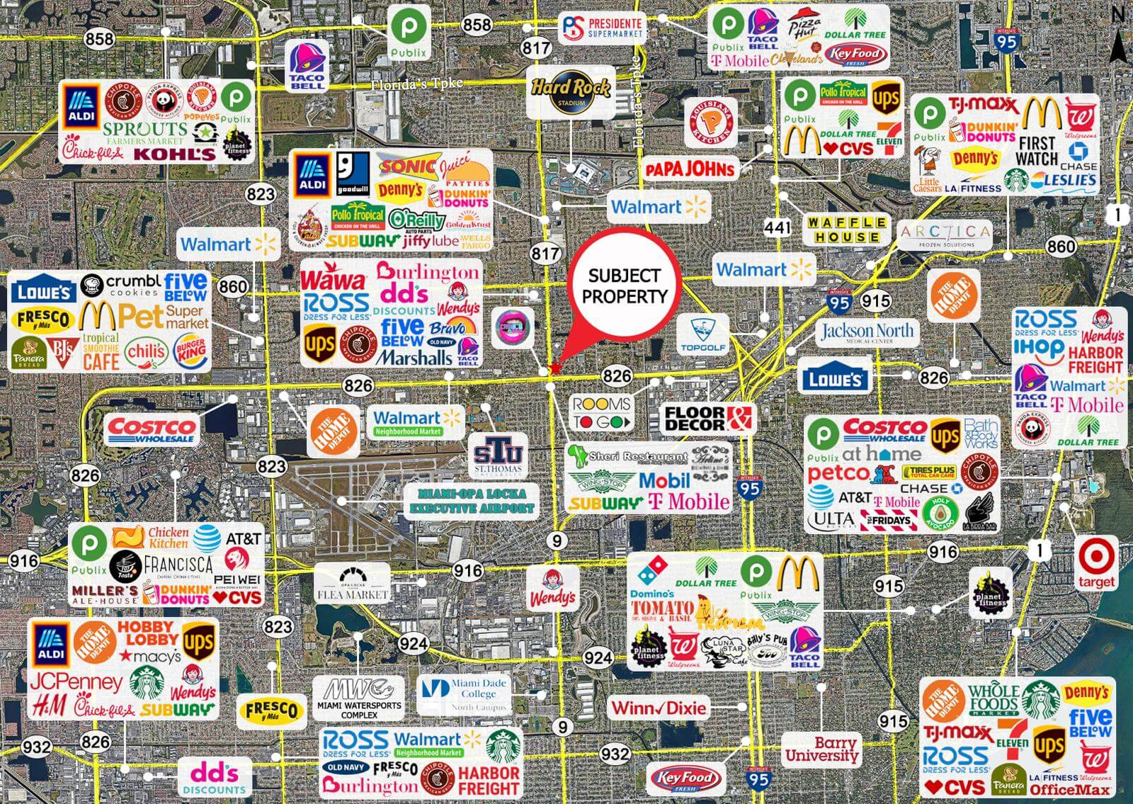 16801 NW 27 Ave commercial land parcel in Miami Gardens, map of nearby retailers