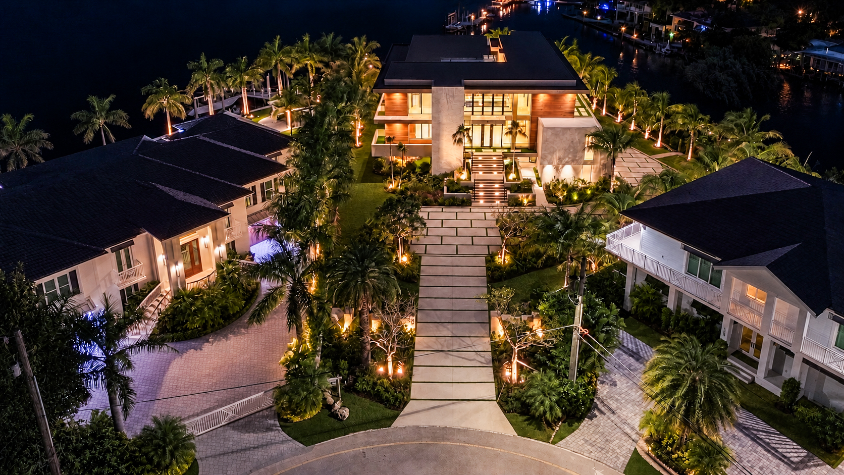 260 15th Circle, Key Colony Beach, aerial view of the entry drive and courtyard at night