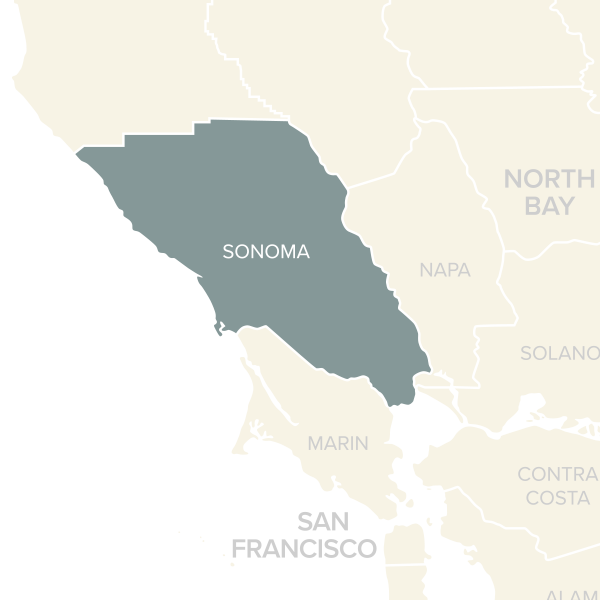 A map of the counties/areas served. Highlighting Marin and Sonoma County.