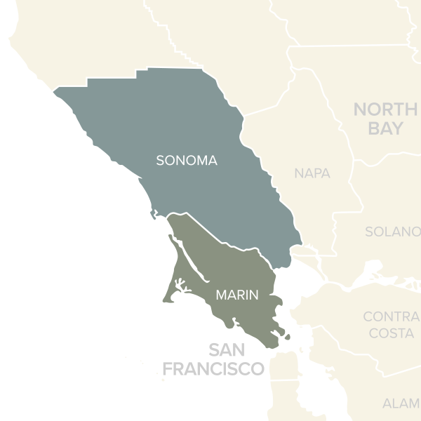 A map of the counties/areas served. Highlighting Marin and Sonoma County.
