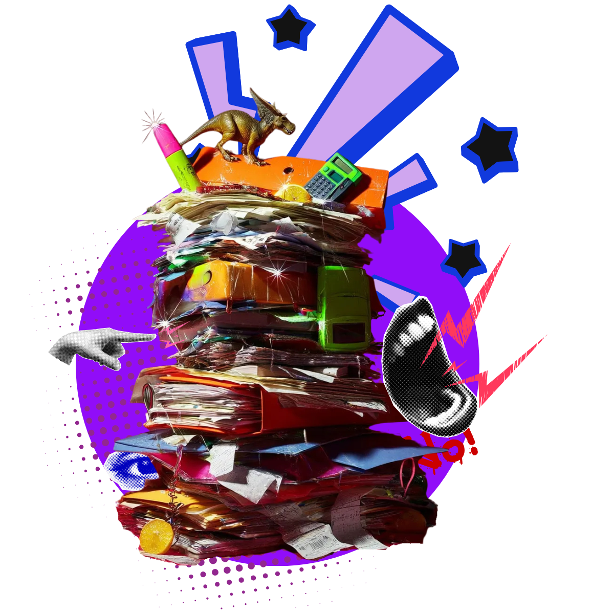 Creative Dino collage featuring a chaotic stack of files, office supplies, and a toy dinosaur, illustrating the business overwhelm and administrative chaos that occurs before automation.