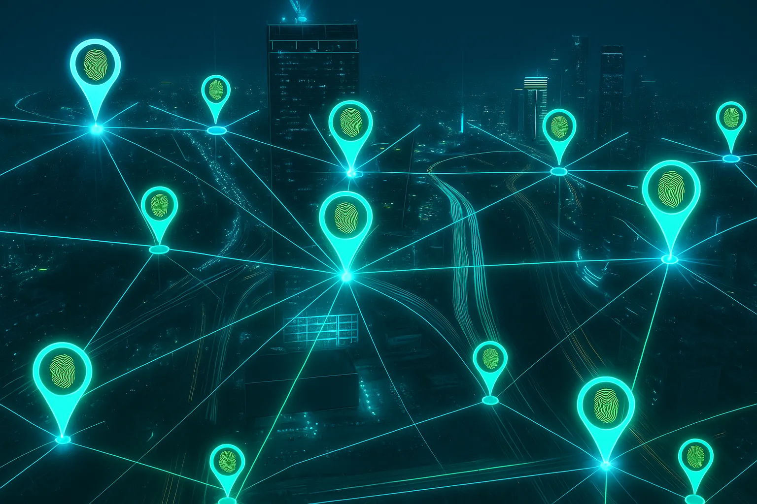 Image of neon white tracker tags with a neon green fingerprint in the center of each tag placed around a city out line that is faded in the background.