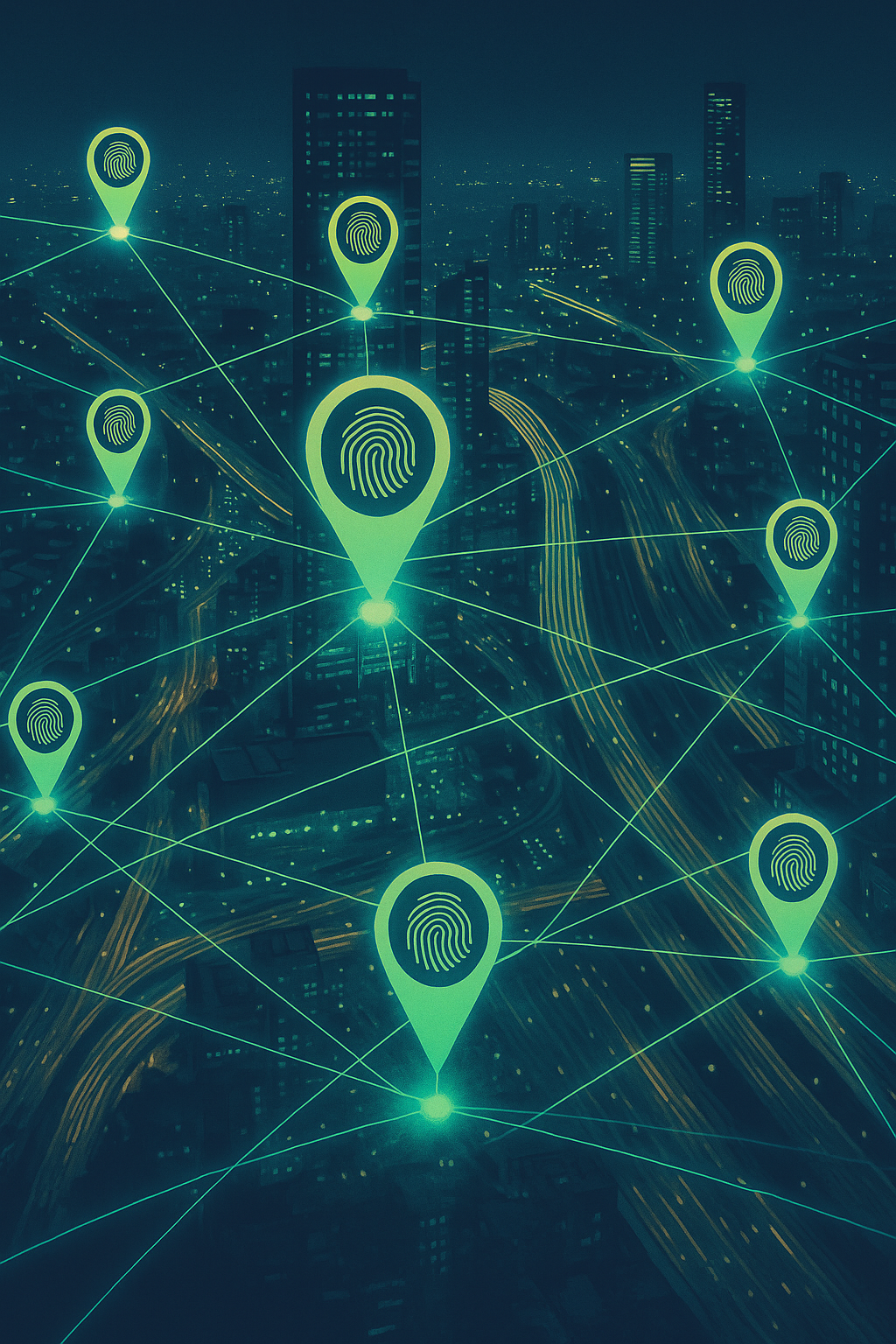 Neon green location tags with a fingerprint overlay on each tag showing placement around a city.  The location tags are over an image of a city scape in dark colors. 