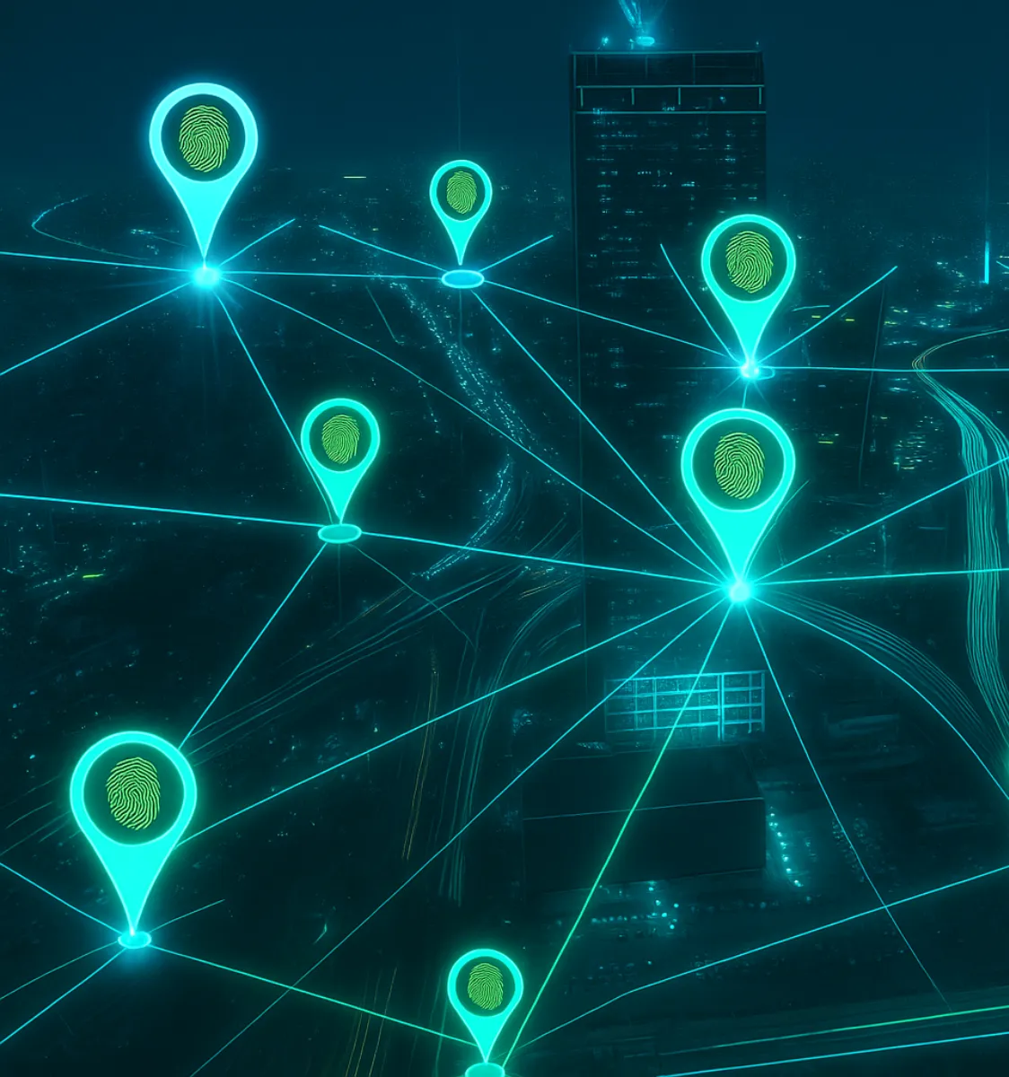 Location tags in white with a neon green fingerprint in the center of each tag showing movement around an image of a city skyline.