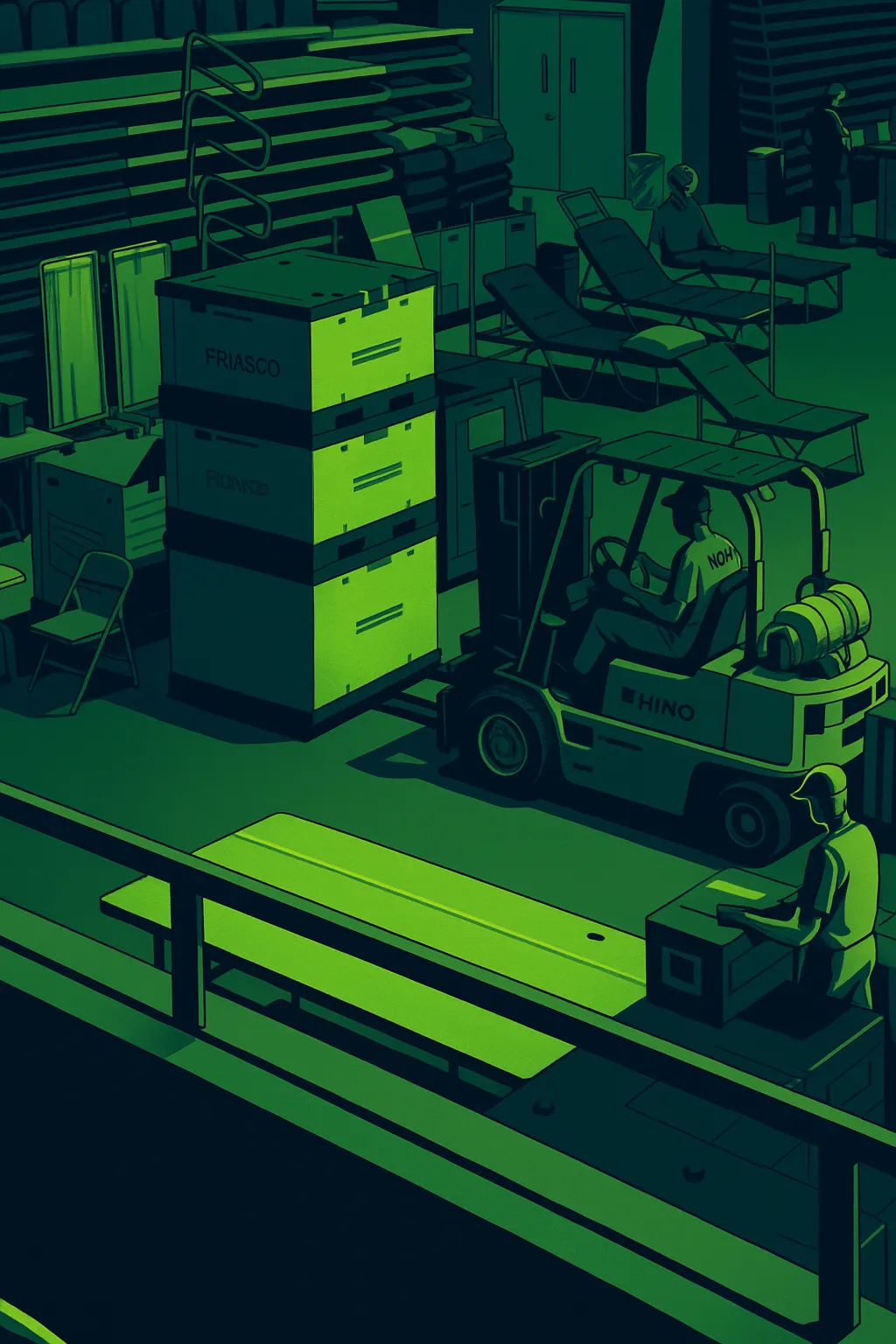 Modern tech image showing a defense warehouse with boxes and pallets stacked on the floor and a forklift moving the items.