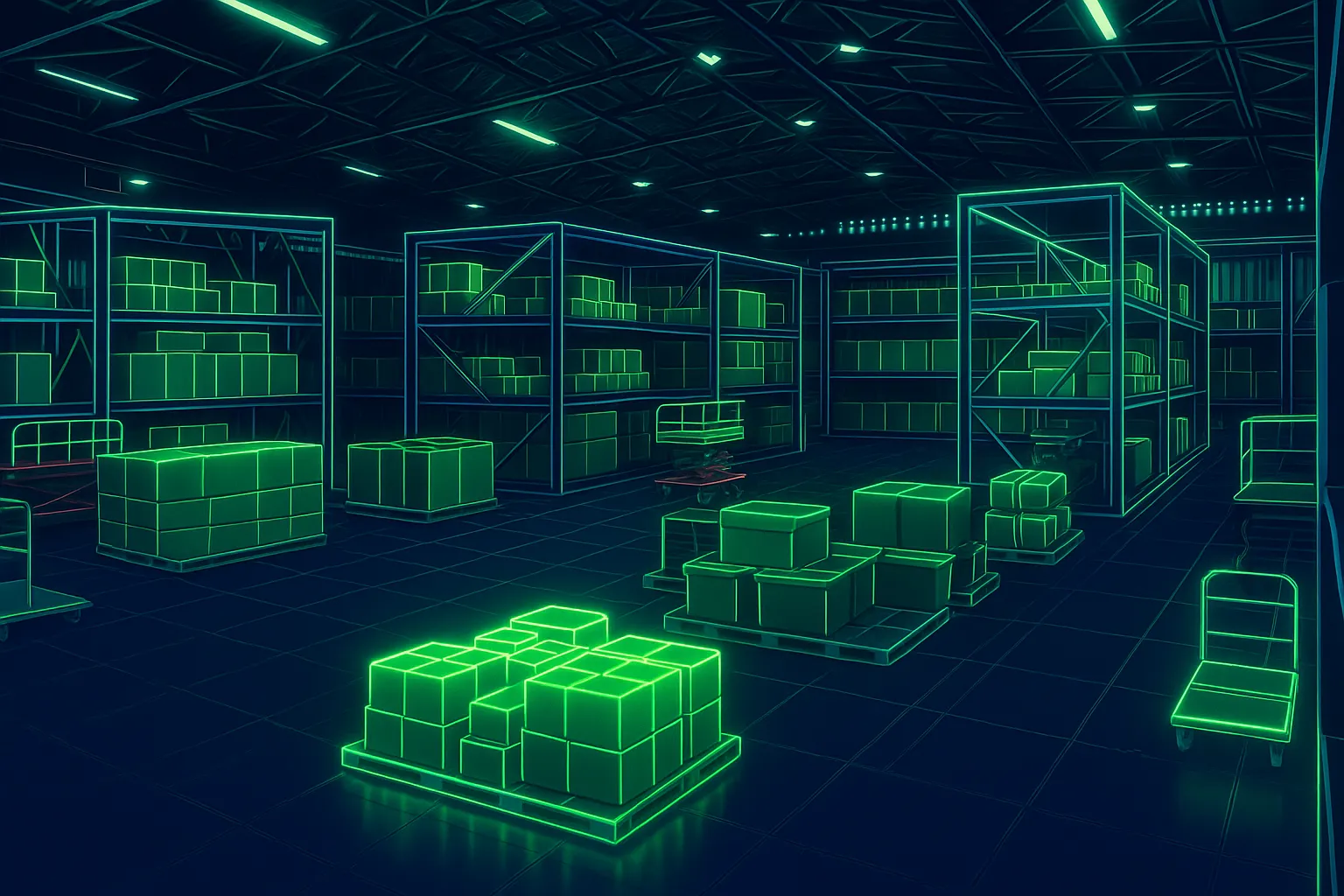 Tech image of an interior defense warehouse with racks of boxes and pallets of containers on the ground.  The image is dark with the outlines in neon green.