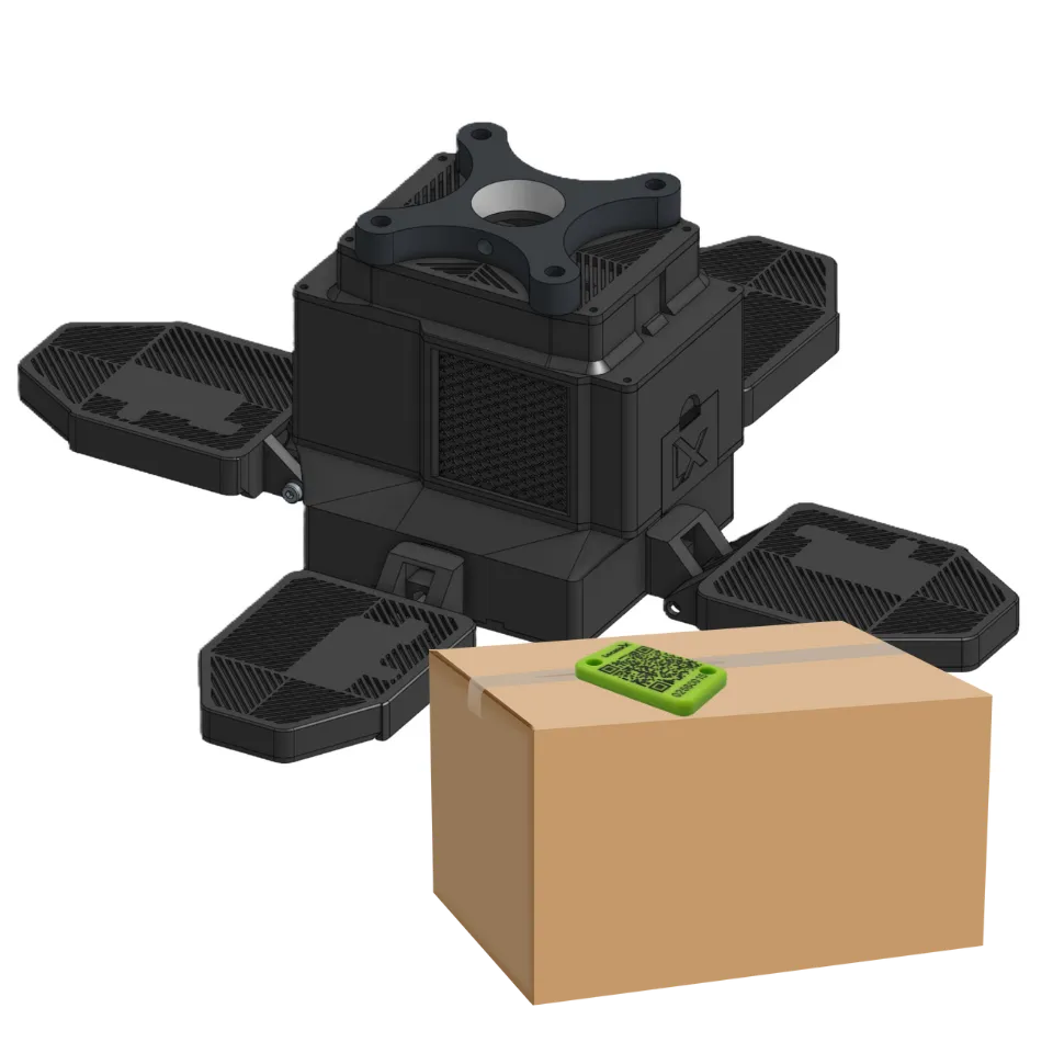Image of Black box with four extension arms, one on each side of the box.  Box is in the background and a shipping package in front with an image of a green tracking sensor laying on the top of the box. 