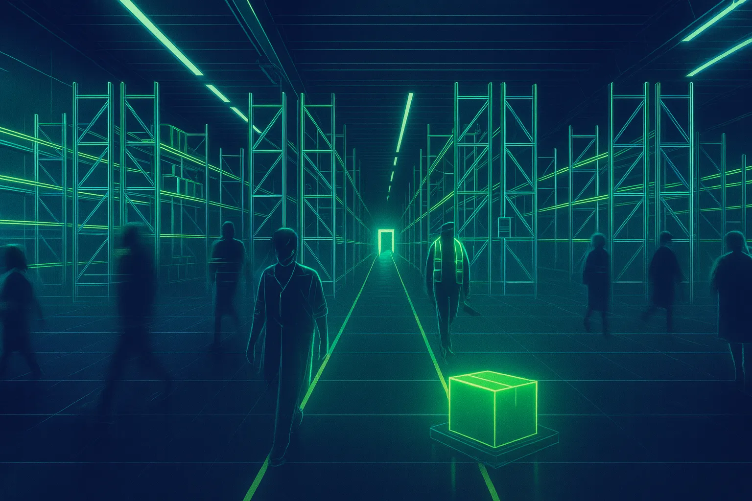 Image of interior warehouse view of aisles and bays of boxes with silhouettes of workers walking away from the shelves.  