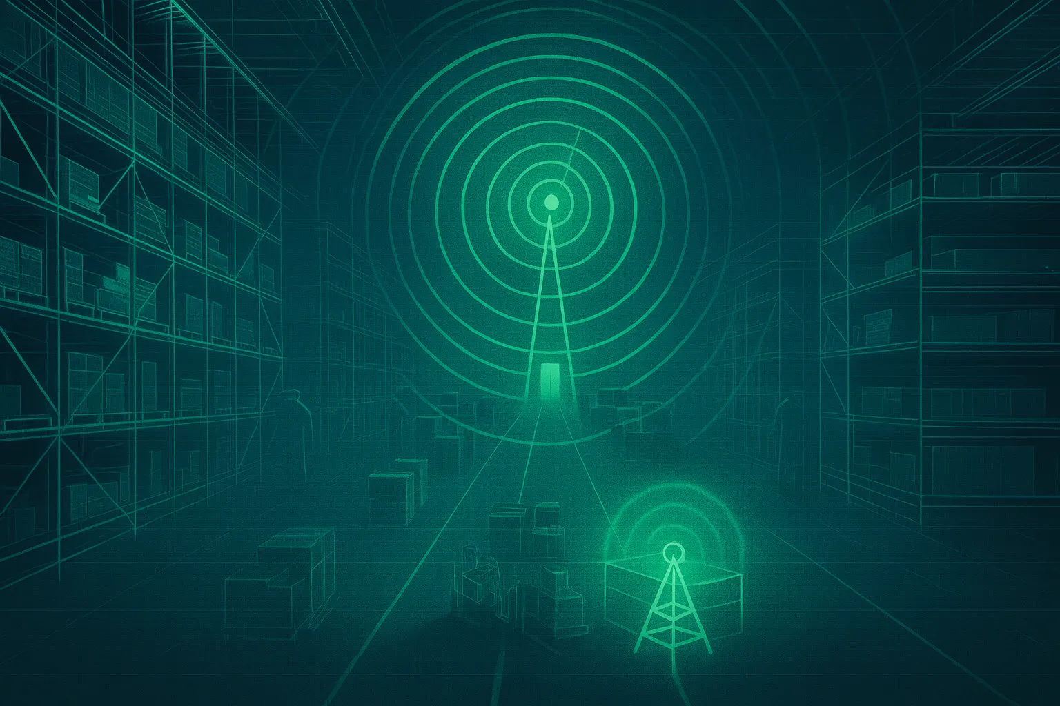 Modern Tech image of a warehouse with shelves outlines in neon green.  Cell towers are visualized in the center of the floor and highlighted in neon green and signal image radiating from the top of each town can be seen. 