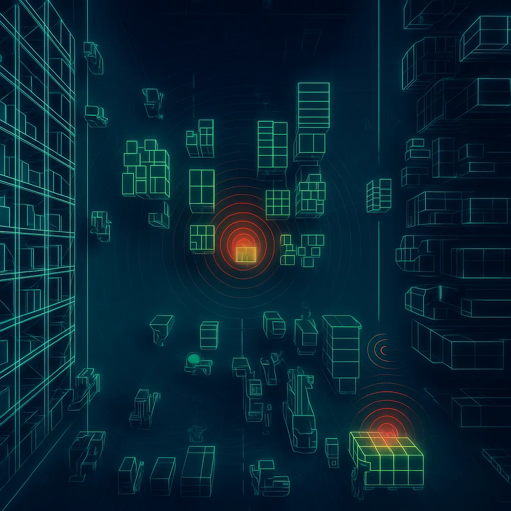 Modern Tech image of an overhead view of a warehouse zone showing boxes and pallets.  Everything is in neon green but two boxes have a wifi signal image in bright green indicating the box is giving off a signal to the receiver.
