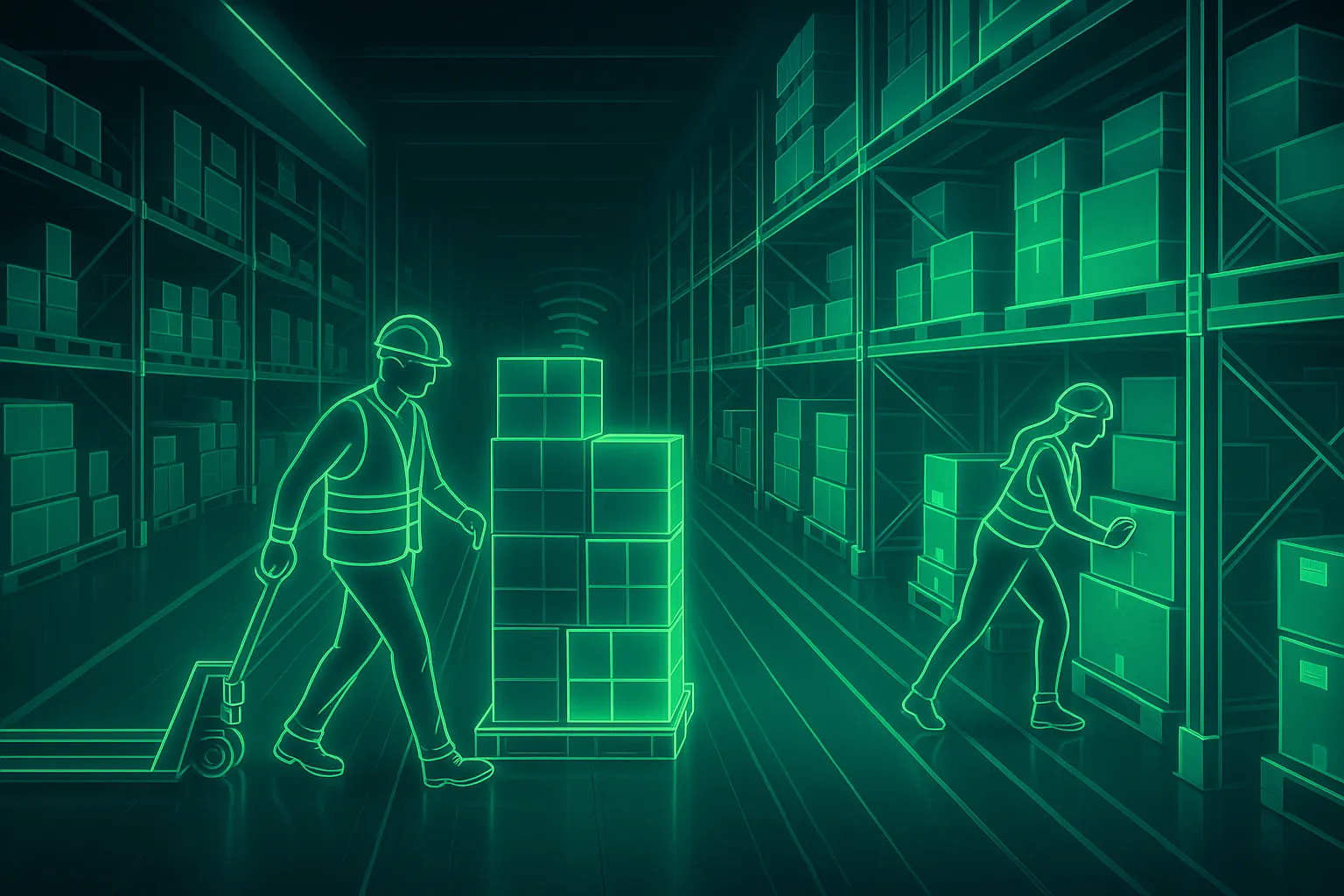 Modern tech image of an indoor warehouse showing shelves with boxes and pallets on the floor.  Two silhouettes of workers are shown moving boxes around.  All images are in neon green. 