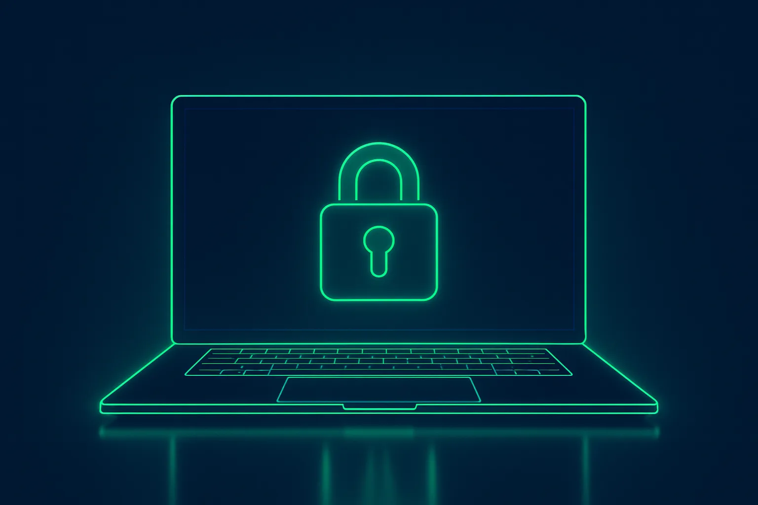 Image of a laptop outlined in green with the image of a secure padlock on the screen.