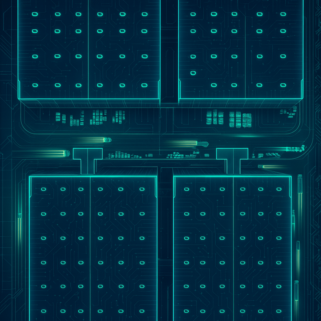 Overhead view of a warehouse yard showing three buildings with pallets and trucks between each.  The image is dark with the outlines in neon green.