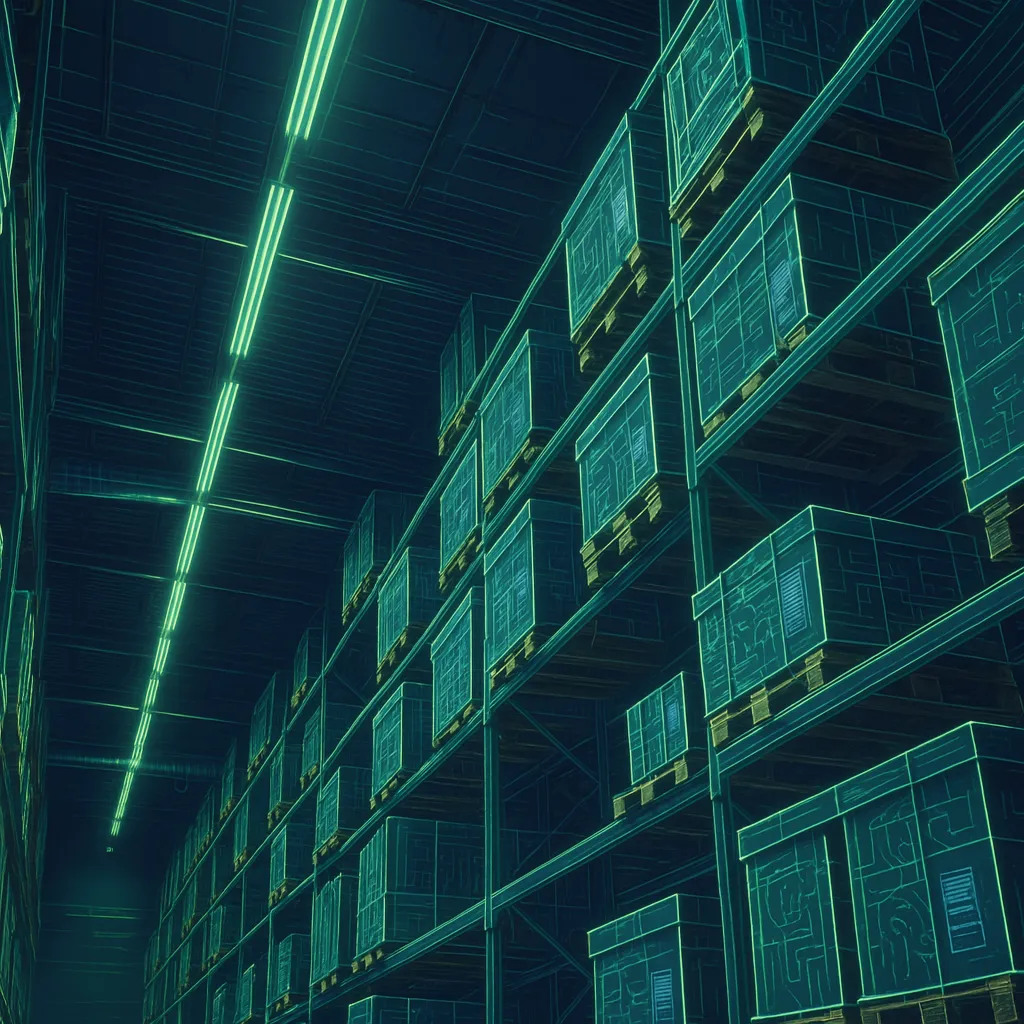 Modern tech image showing indoor warehouse with shelves containing pallets with boxes.  The image is in dark colors with the boxes and overhead lights in neon green. 