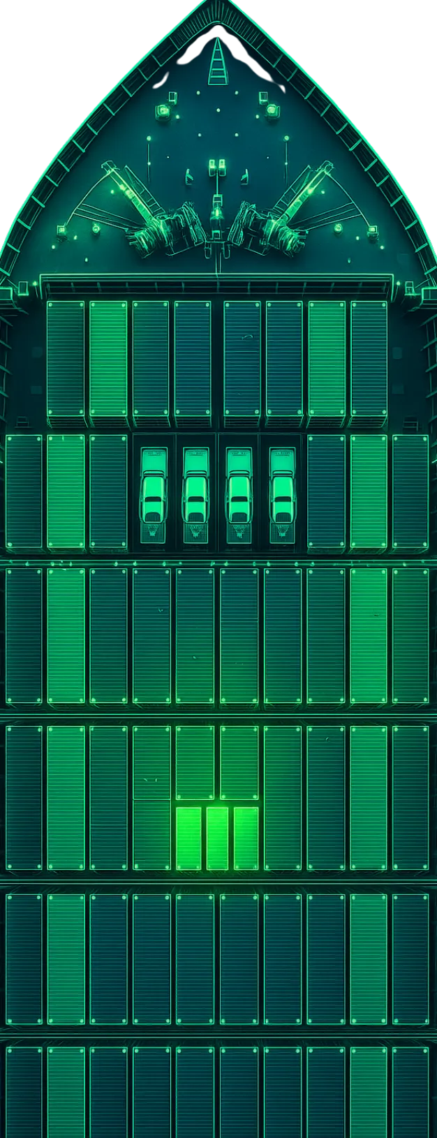 Tech image of a cargo ship with containers shown from above.  All items are highlighted in neon green. 