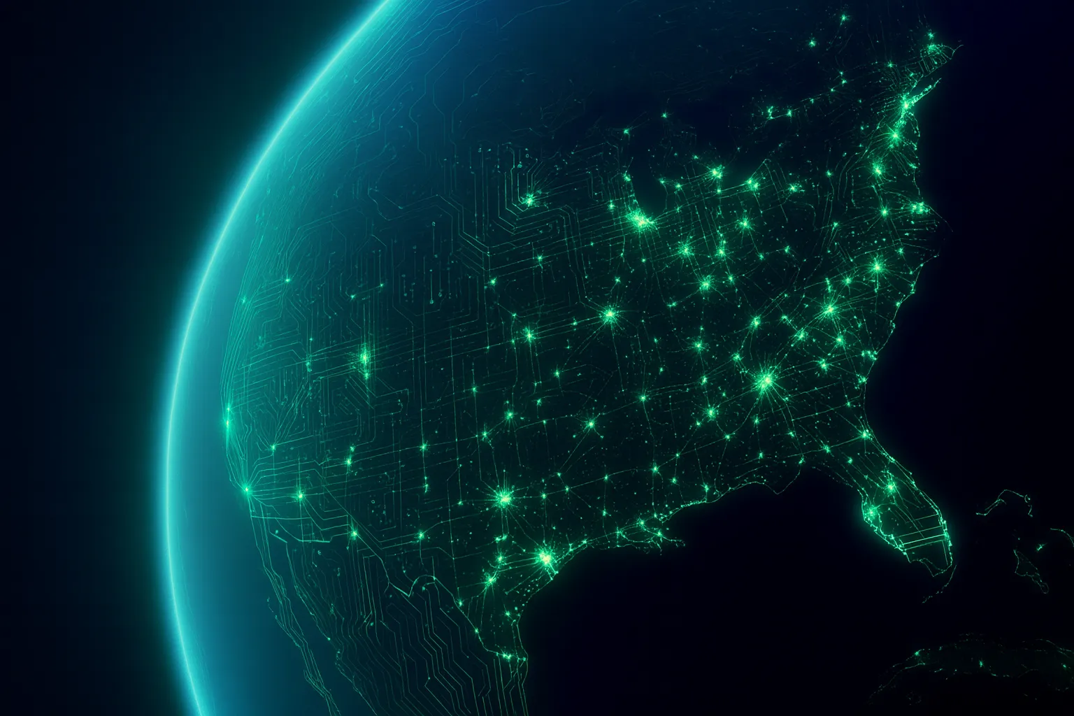 Image of the united states in neon green outlines with clusters of green locations lit up on the map to show a concentrated area. 