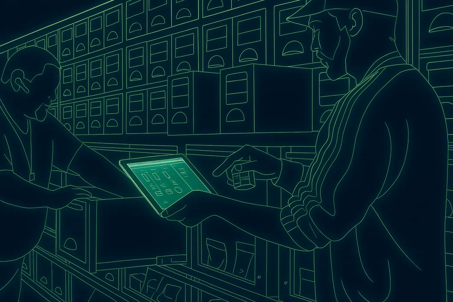 Image of two workers in a warehouse, one is looking through boxes on shelves and the other is looking at a mobile device for location. The images are outlined in a neon green.